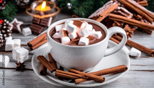 A cup of hot chocolate with marshmallows and cinnamon sticks