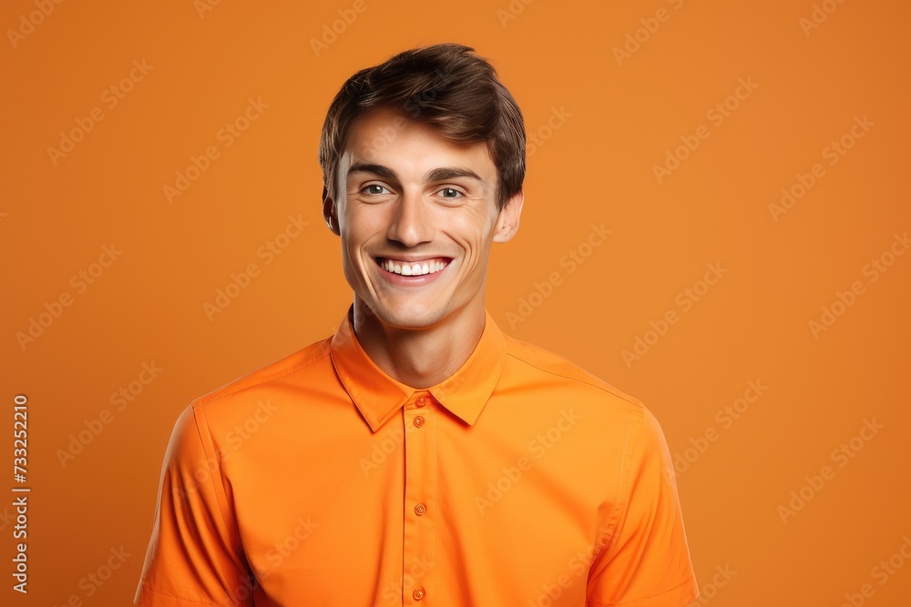 Fototapeta premium A man wearing an orange shirt smiles directly at the camera.