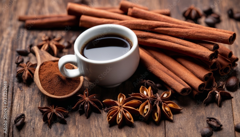 A cup of coffee with cinnamon and nutmeg on a wooden table A cup of coffee with cinnamon and nutmeg on a wooden table