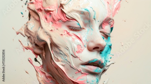 Face of a young woman in pastel colors paint splashes. Splashes of colored liquid around a female's head © Vladimir