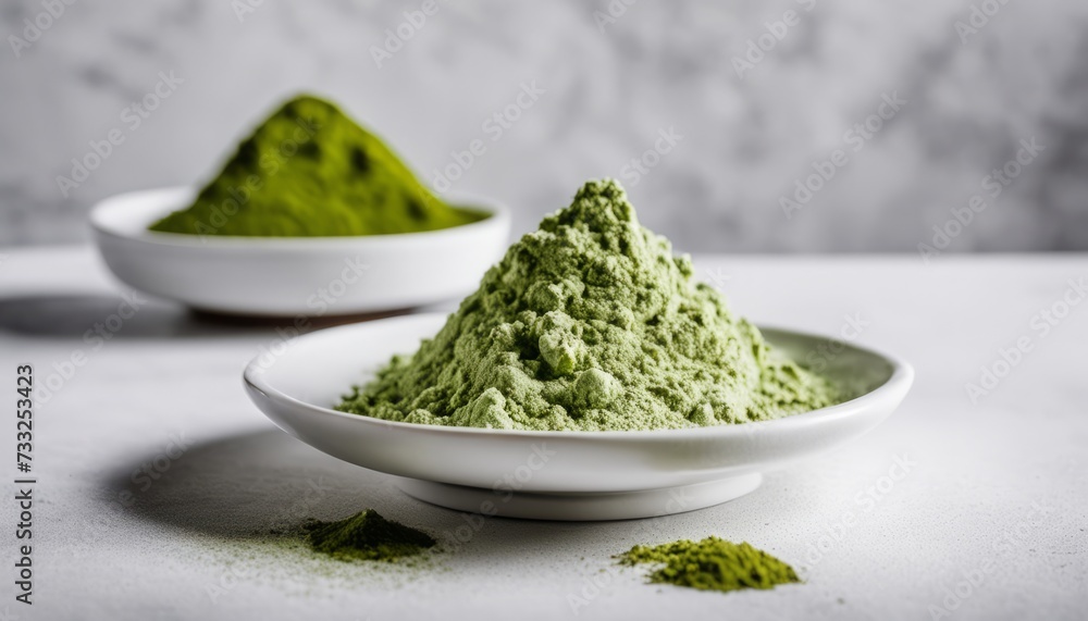 Two white bowls of green powder Two white bowls of green powder
