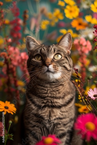 A cat calmly sits amidst a vibrant field of flowers.