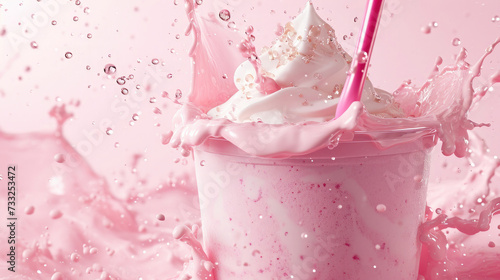 milkshake in motion  splashes and splash drops  pink background  airy cream with a straw