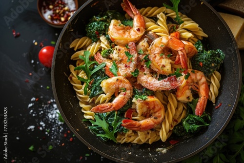 Italian pasta with greens, shrimps, and healthy vegetarian options.