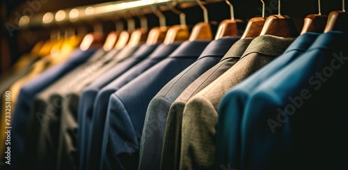 Row of men's jackets on hangers. The concept of men's fashion and wardrobe. photo