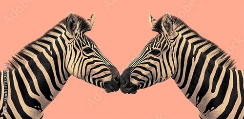 Two zebras on a pink background  touching muzzles. The concept of the animal world and unity.