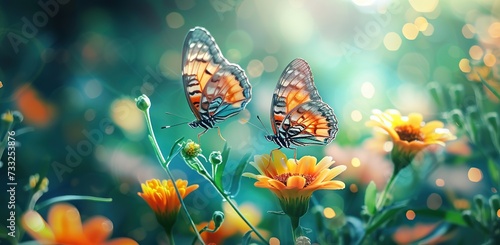 Butterflies on flowers in sunlight. The concept of the beauty of nature and the ecosystem. © volga