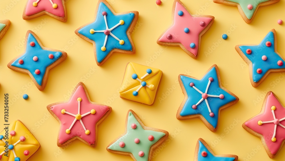 Colorful cookies with geometric patterns on a yellow background. The concept of artisan baking. Colorful cookies with geometric patterns on a yellow background. The concept of artisan baking.