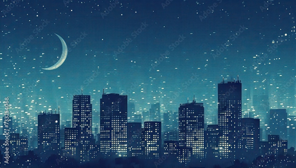 Night cityscape with a starry sky and a crescent moon. The concept of the urban sky.