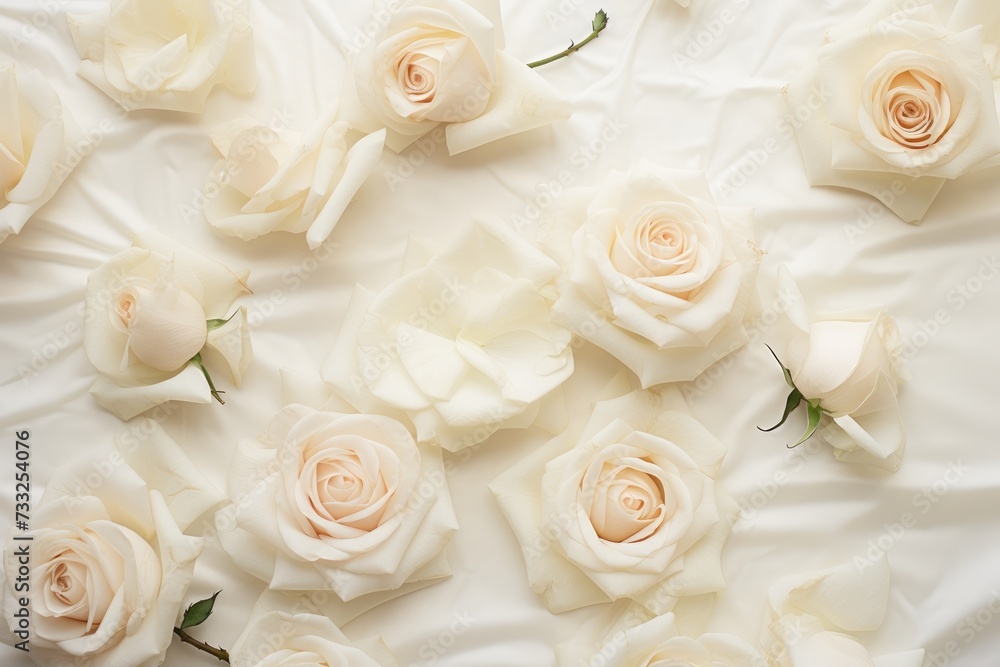 A collection of white roses laid across a bed, creating a visually pleasing arrangement. A collection of white roses laid across a bed, creating a visually pleasing arrangement.