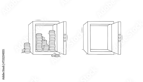 Empty metal safe with open door and pensive man