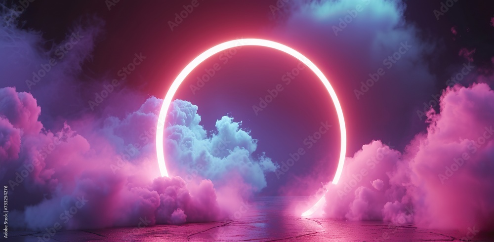 Glowing circle amidst clouds against a dusk sky. The concept of a cosmic gateway or a new dimension. Glowing circle amidst clouds against a dusk sky. The concept of a cosmic gateway or a new dimension.
