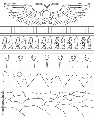 Egyptian background.  Coloring page, icon, black and white vector illustration.