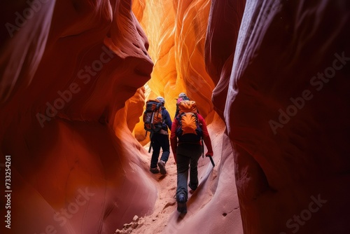 Canyoneering Adventure: Explorers Descending into a Deep Slot Canyon. photo