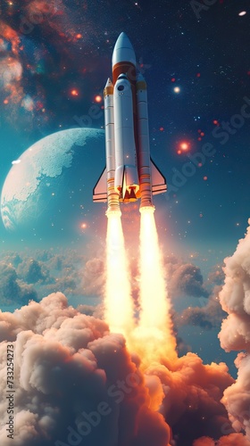 A spaceship launching into space  flying through the clouds. The concept of space exploration.