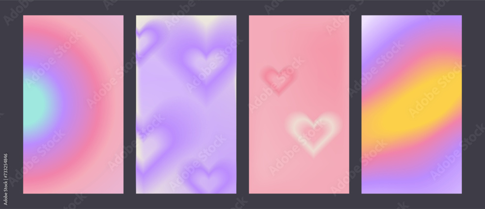 Y2k Trendy Aesthetic abstract gradient pink background with translucent aura hearts and shapes blurred pattern. Social media stories highlight templates for digital marketing for stories