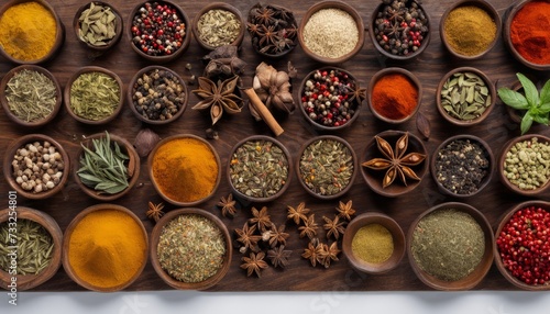 A wooden table with various spices and herbs in bowls