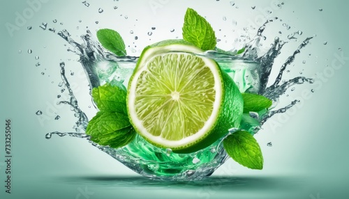 A green lime in a glass of water with mint leaves