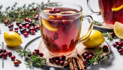 A glass of tea with lemon and cranberry slices