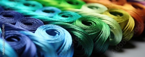 A row of spools of colored thread neatly placed on a table, showcasing a variety of vibrant colors. photo