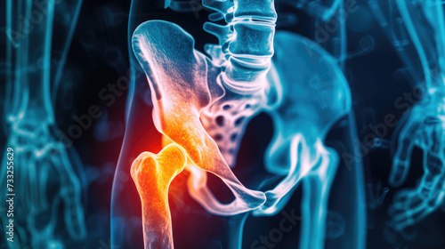close-up, hip pain, human pelvis and hip arthritis, gout, rheumatoid arthritis, blue bone shot, red inflammation photo