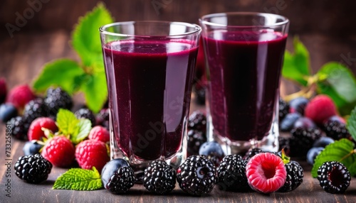 Two glasses of juice with berries on the table