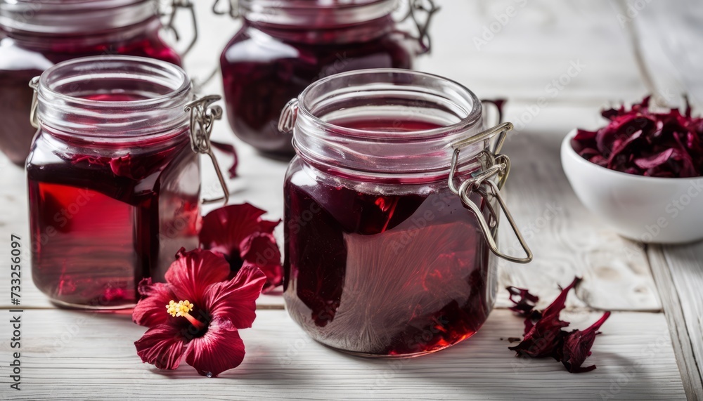 Three jars of jam on a table with a bowl of petals Three jars of jam on a table with a bowl of petals