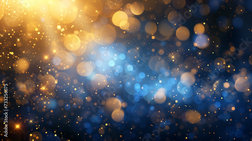 Abstract gold and blue bokeh background, holiday celebration background with golden particles