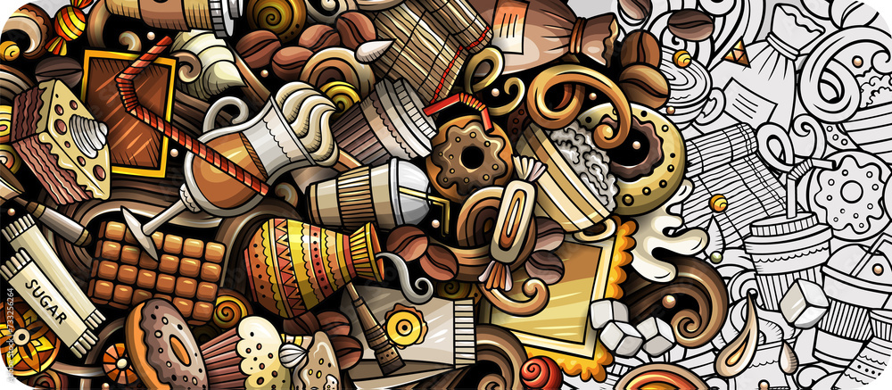 Fototapeta premium Coffee doodle cartoon banner