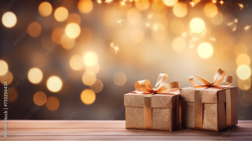 gift box on wooden table with gold bokeh background gift box on wooden table with gold bokeh background