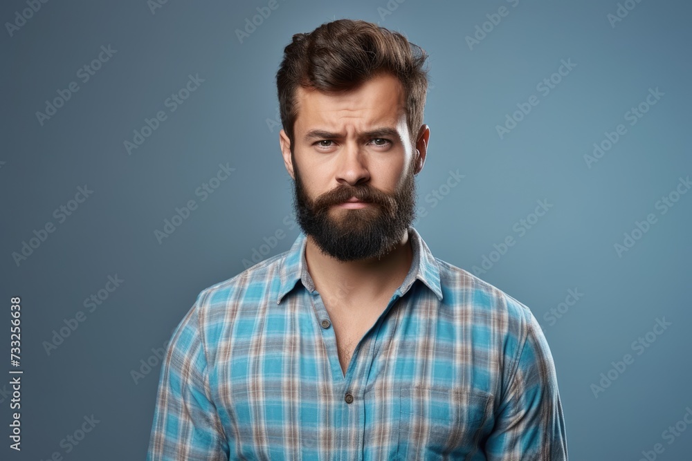 Fototapeta premium A man with a beard is captured in this photo, wearing a blue shirt.