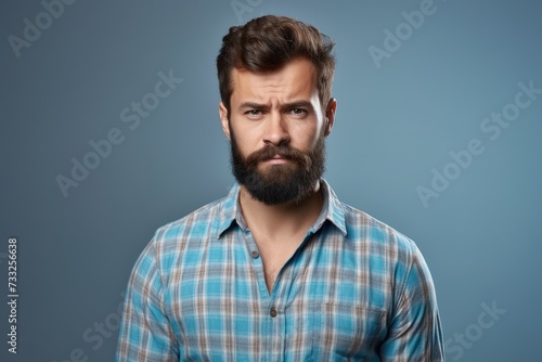 A man with a beard is captured in this photo, wearing a blue shirt.
