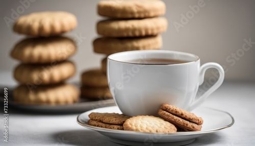 A white cup of coffee with a plate of cookies