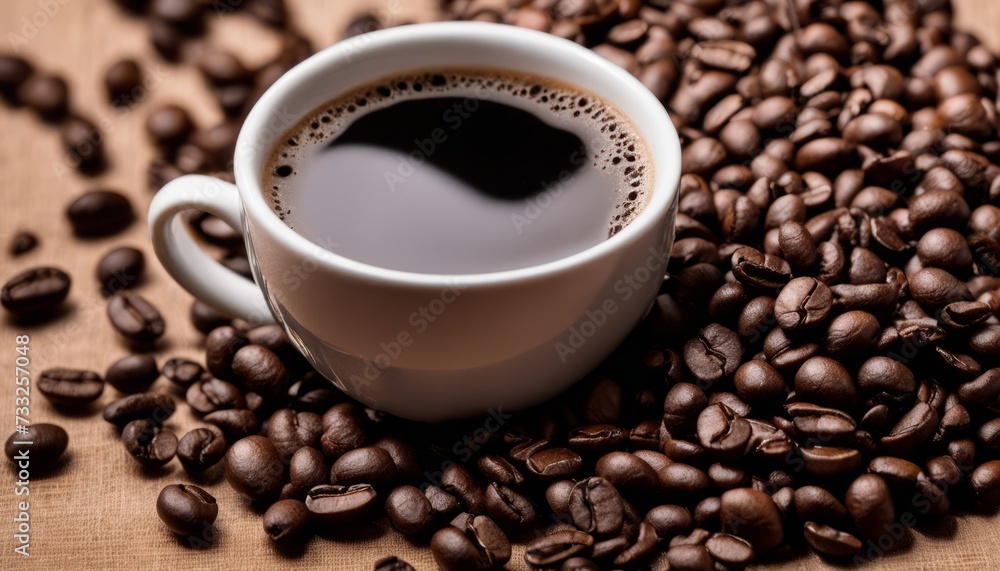 A cup of coffee sits on top of a pile of coffee beans A cup of coffee sits on top of a pile of coffee beans