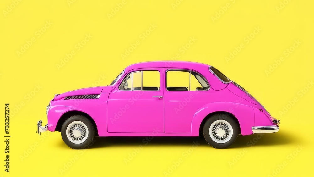 Pink retro car on a yellow background.