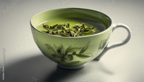 A green tea cup with leaves in it