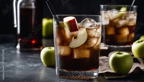 A glass of apple cider with a slice of apple in it