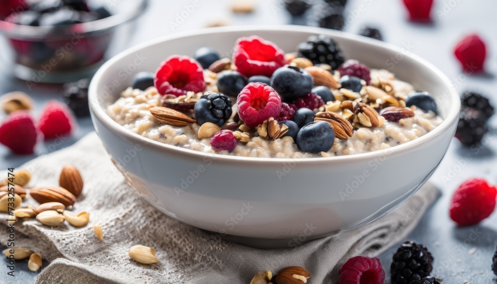 A bowl of granola with berries on top A bowl of granola with berries on top