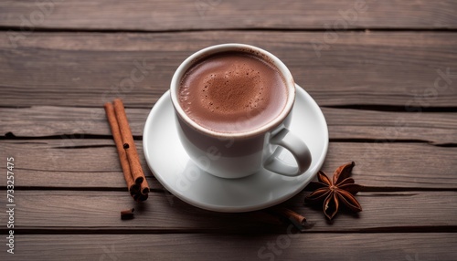 A cup of hot chocolate with cinnamon and star anise on a wooden table