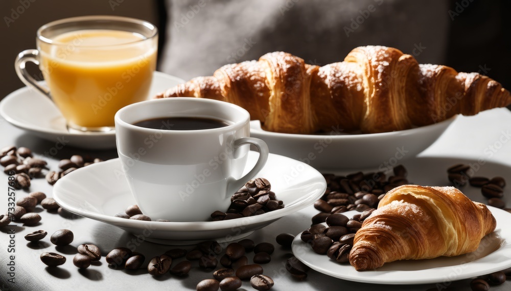 A white plate with a croissant and a cup of coffee A white plate with a croissant and a cup of coffee