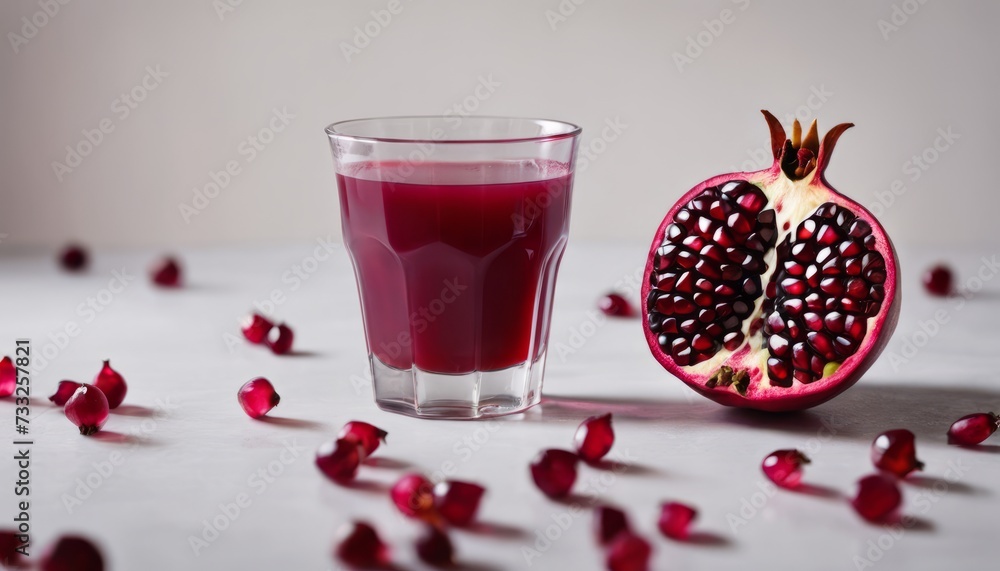 A glass of red liquid is next to a pomegranate A glass of red liquid is next to a pomegranate