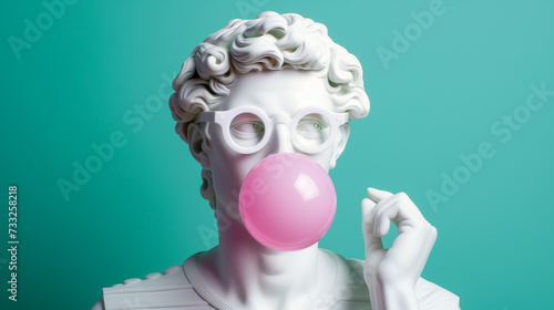 Classic marble sculpture of David with a playful modern twist, blowing a pink bubble gum