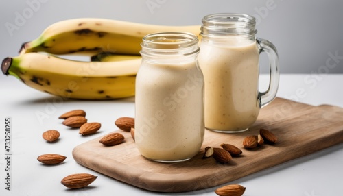 A wooden cutting board with two glass jars of almond milk and almonds