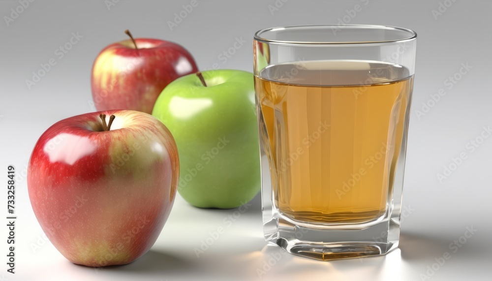 A glass of juice and three apples on a table A glass of juice and three apples on a table