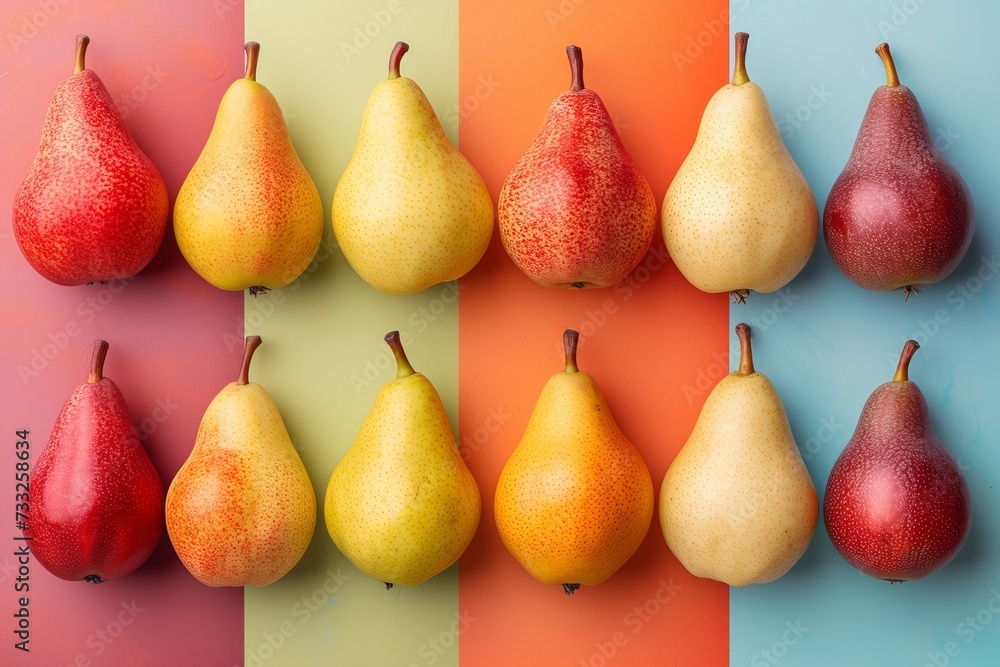 a collection of pears in a variety of colors placed on a multicolored background a collection of pears in a variety of colors placed on a multicolored background