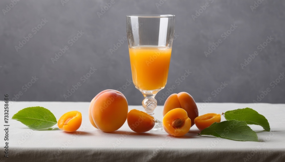 Naklejka premium A glass of orange juice with peaches on a table