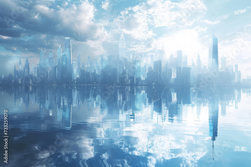 A city skyline reflected in water.