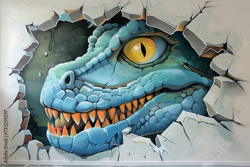 3D Wall Art of a Fierce Blue Dragon Breaking Through