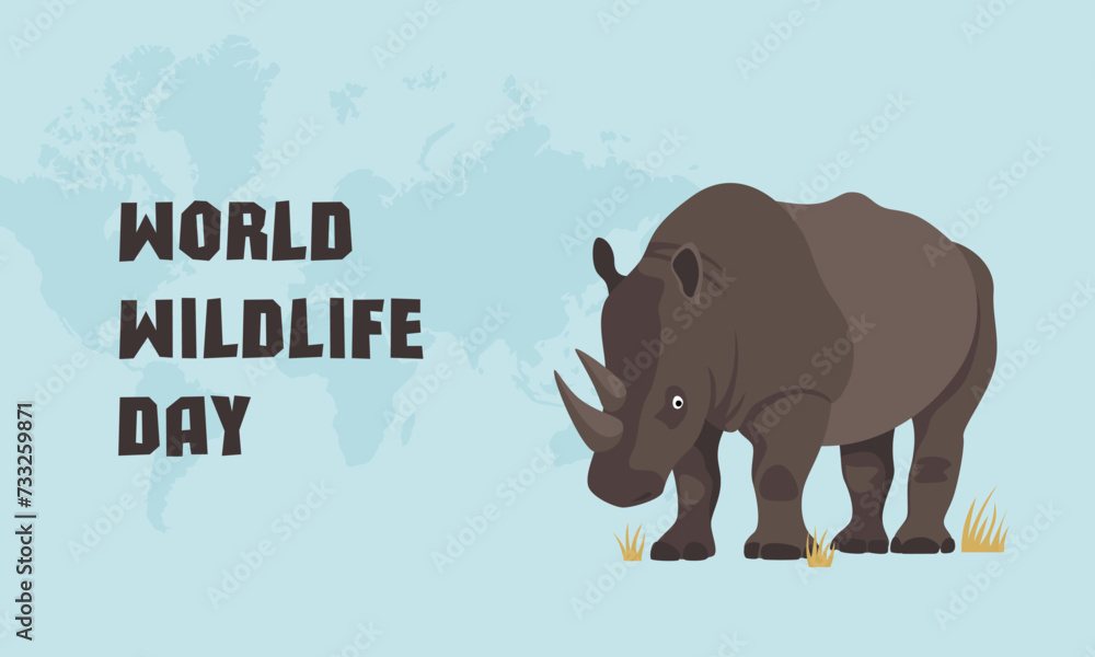 Obraz premium Banner World Wildlife Day, March 3. Black Rhinos. Threat of extinction. Fauna, animal. Vector cartoon illustration