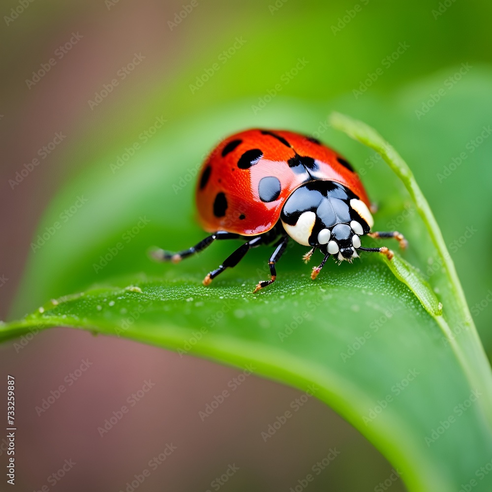 Fototapeta premium Shiny red ladybug sitting on a flower on a sunny day